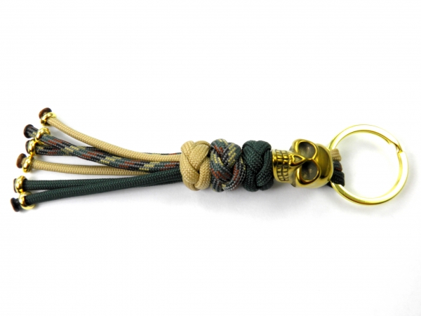 Schlüßelanhänger aus US Paracord-Diamantknoten-goldenem Edelstahl Skull-Handmade-Rattler, Tan 380 und Olive Drab